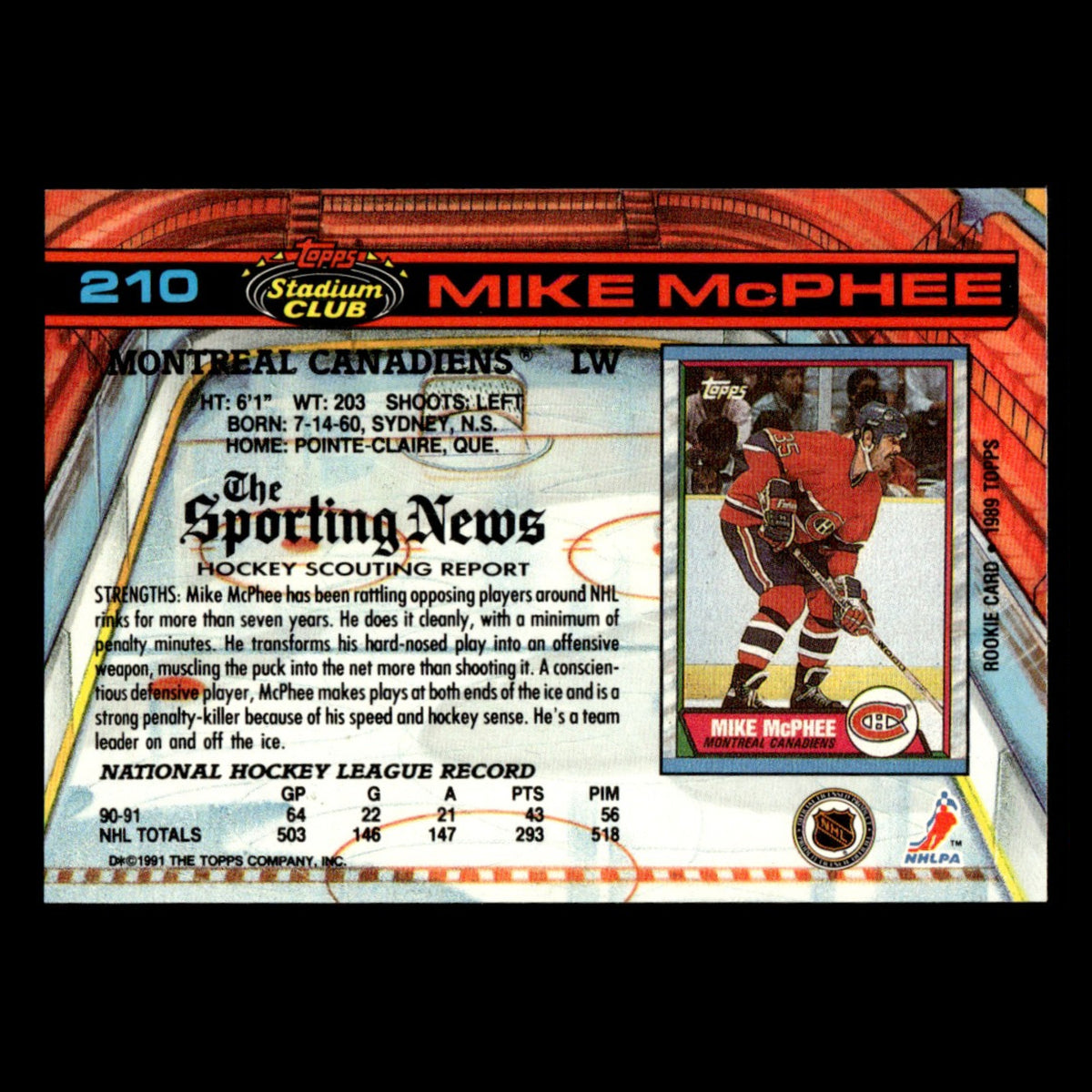 Mike McPhee #210 1991 Stadium Club Montreal Canadiens Hockey Card NHL NM