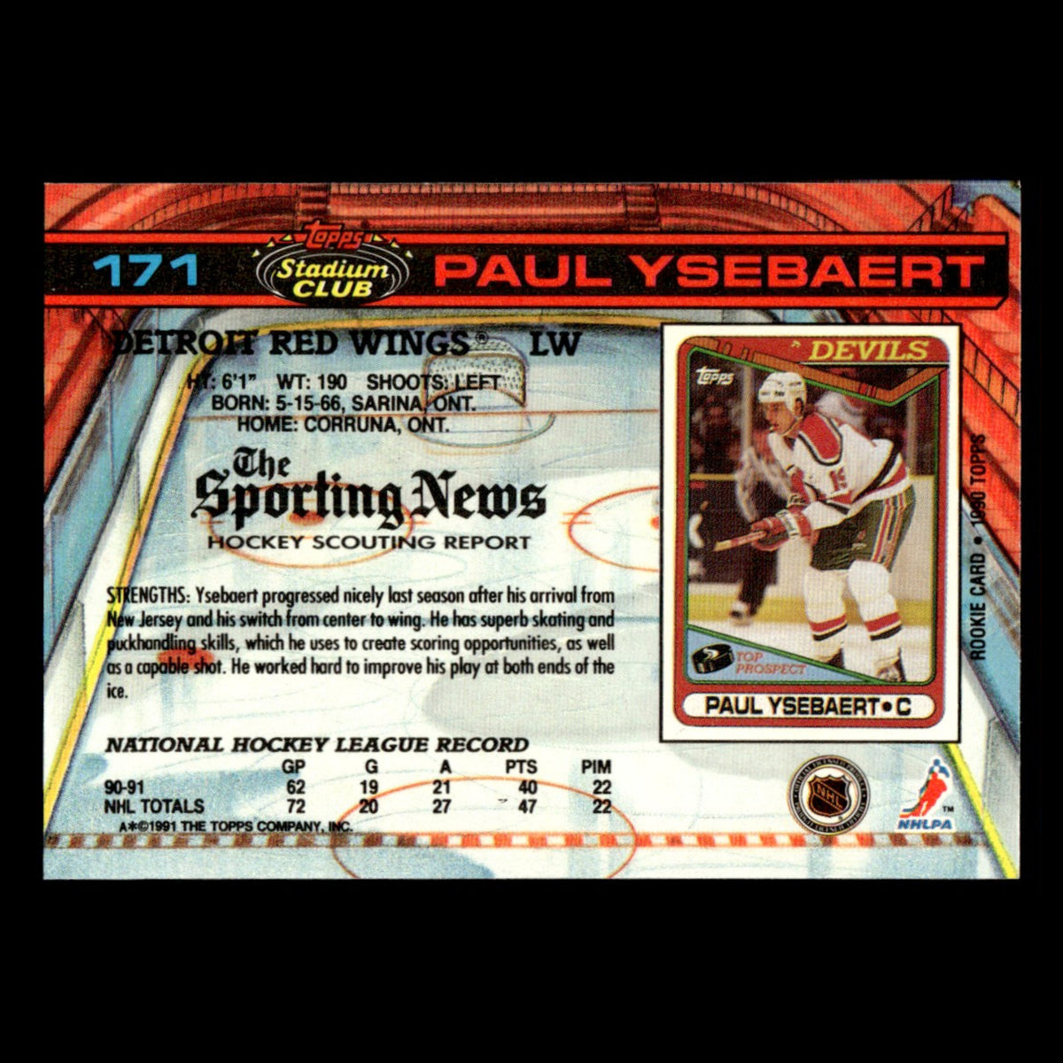 Paul Ysebaert #171 1991 Stadium Club Detroit Red Wings Hockey Card NHL NM