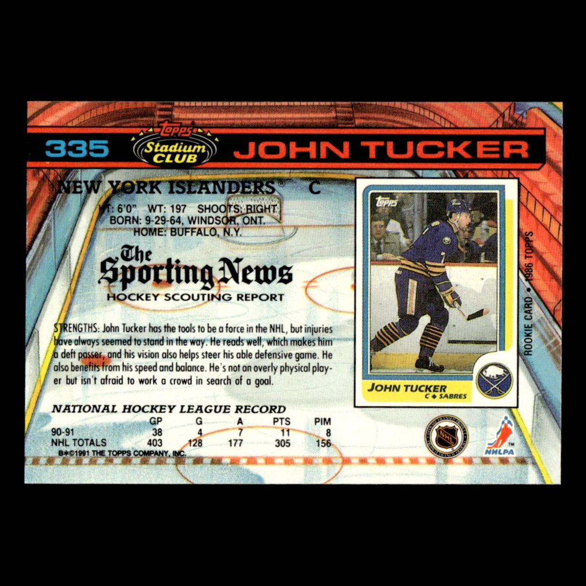 John Tucker #335 1991 Stadium Club New York Islanders Hockey Card NHL NM