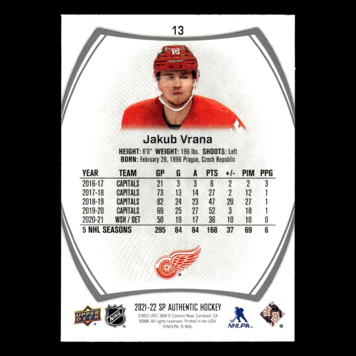 Jakub Vrana #13.0 2021 Upper Deck SP Authentic Detroit Red Wings Hockey Card NHL