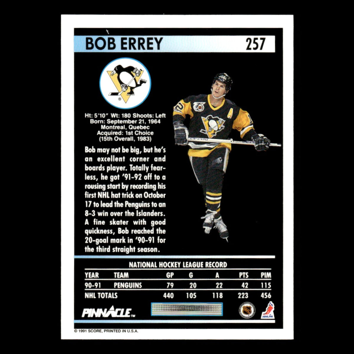 Bob Errey #257.0 1991 Pinnacle Pittsburgh Penguins Hockey Card NHL NM