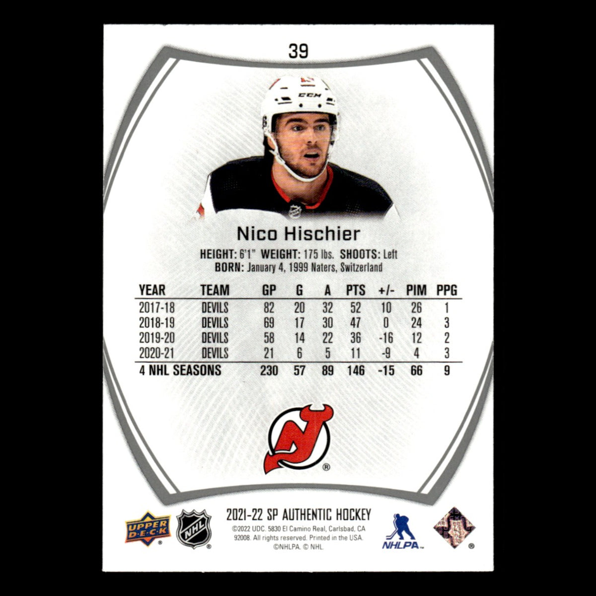 Nico Hischier #39.0 2021 Upper Deck SP Authentic New Jersey Devils Hockey Card