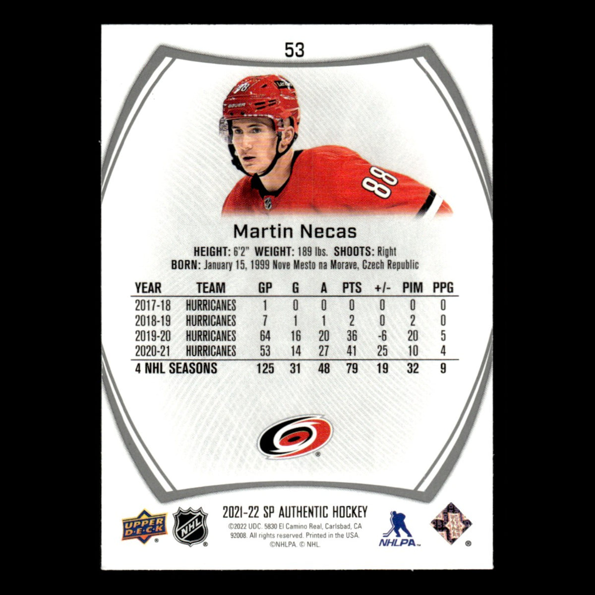 Martin Necas #53.0 2021 Upper Deck SP Authentic Carolina Hurricanes Hockey Card