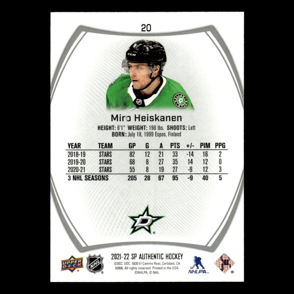 Miro Heiskanen #20.0 2021 Upper Deck SP Authentic Dallas Stars Hockey Card NHL