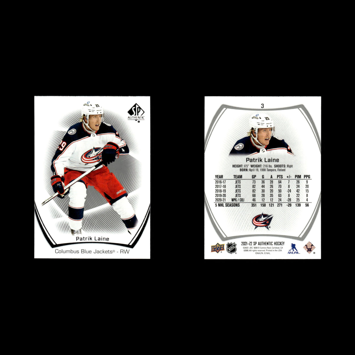 Patrik Laine #3.0 2021 Upper Deck SP Authentic Columbus Blue Jackets Hockey Card