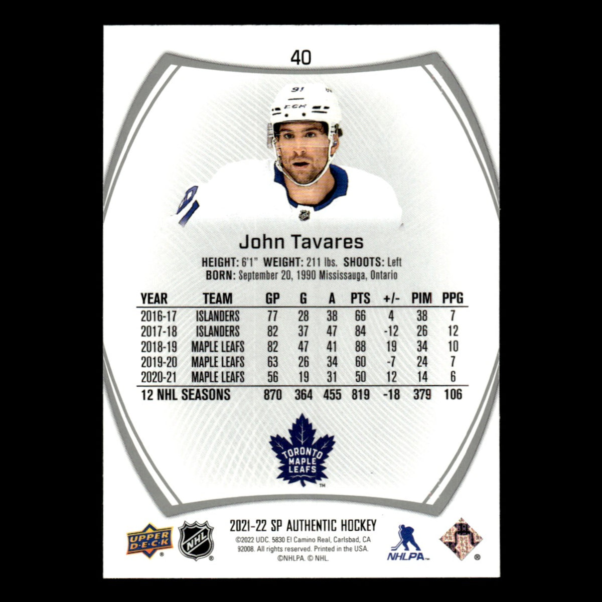 John Tavares #40.0 2021 Upper Deck SP Authentic Toronto Maple Leafs Hockey Card