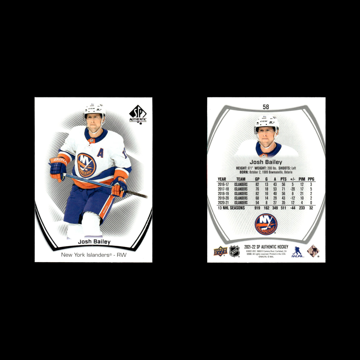 Josh Bailey #58.0 2021 Upper Deck SP Authentic New York Islanders Hockey Card NM