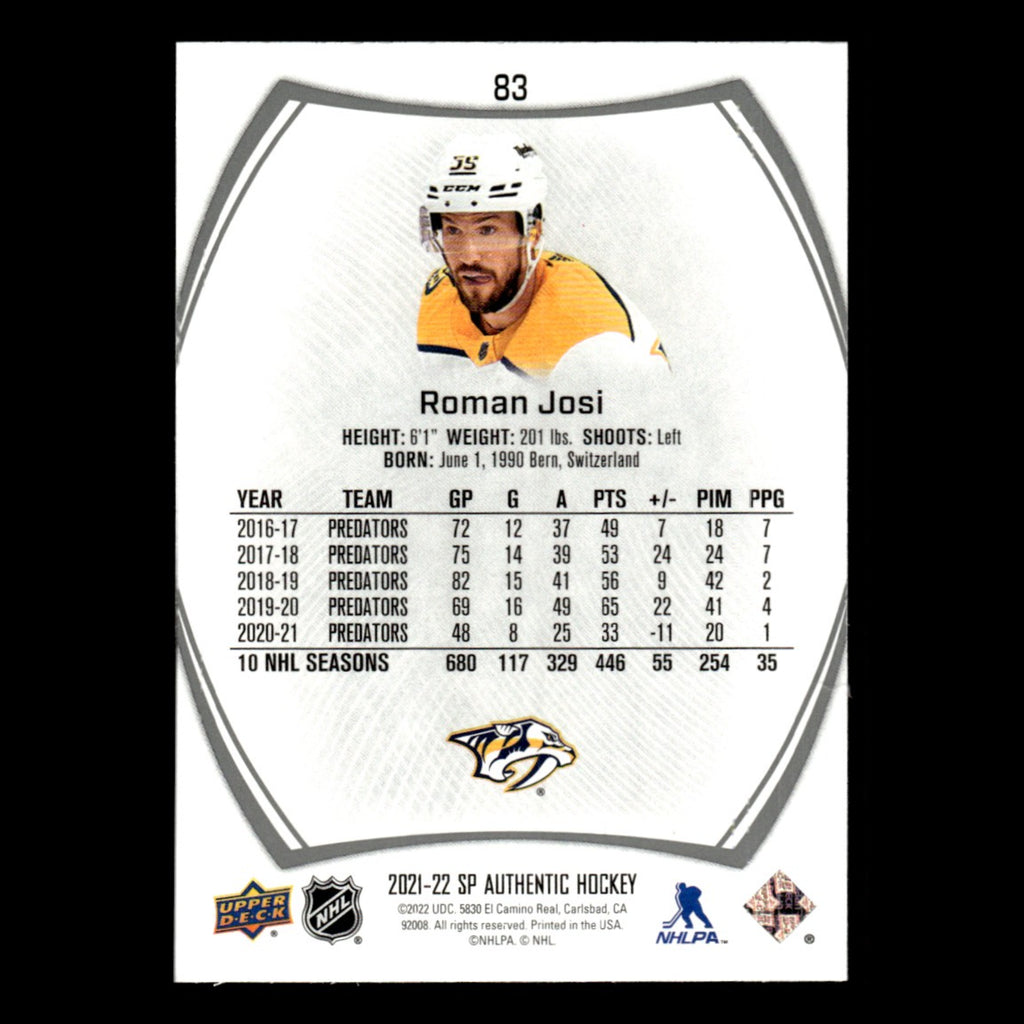 Roman Josi #83.0 2021 Upper Deck SP Authentic Nashville Predators Hockey Card NM