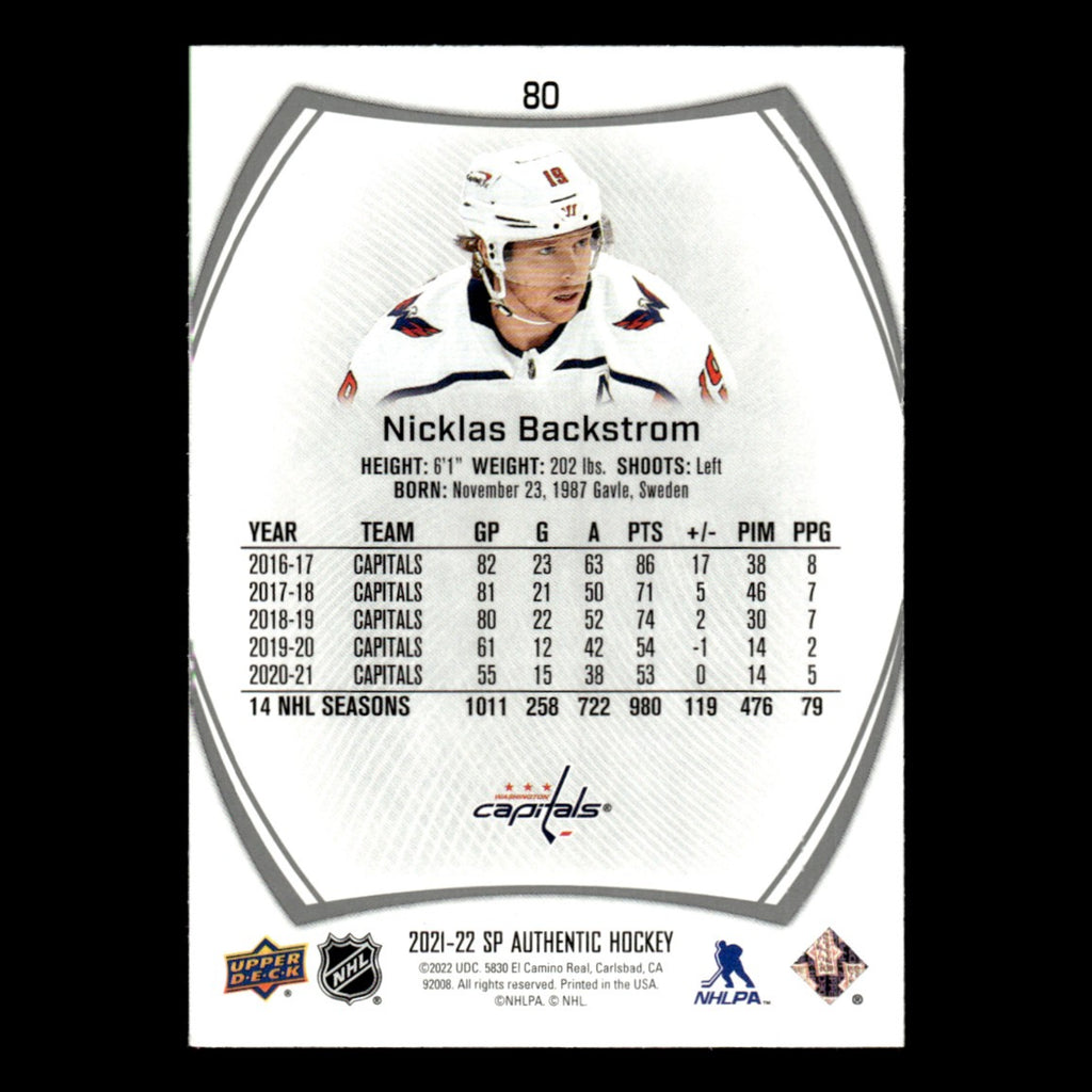 Nicklas Backstrom #80.0 2021 Upper Deck SP Authentic Washington Capitals Hockey