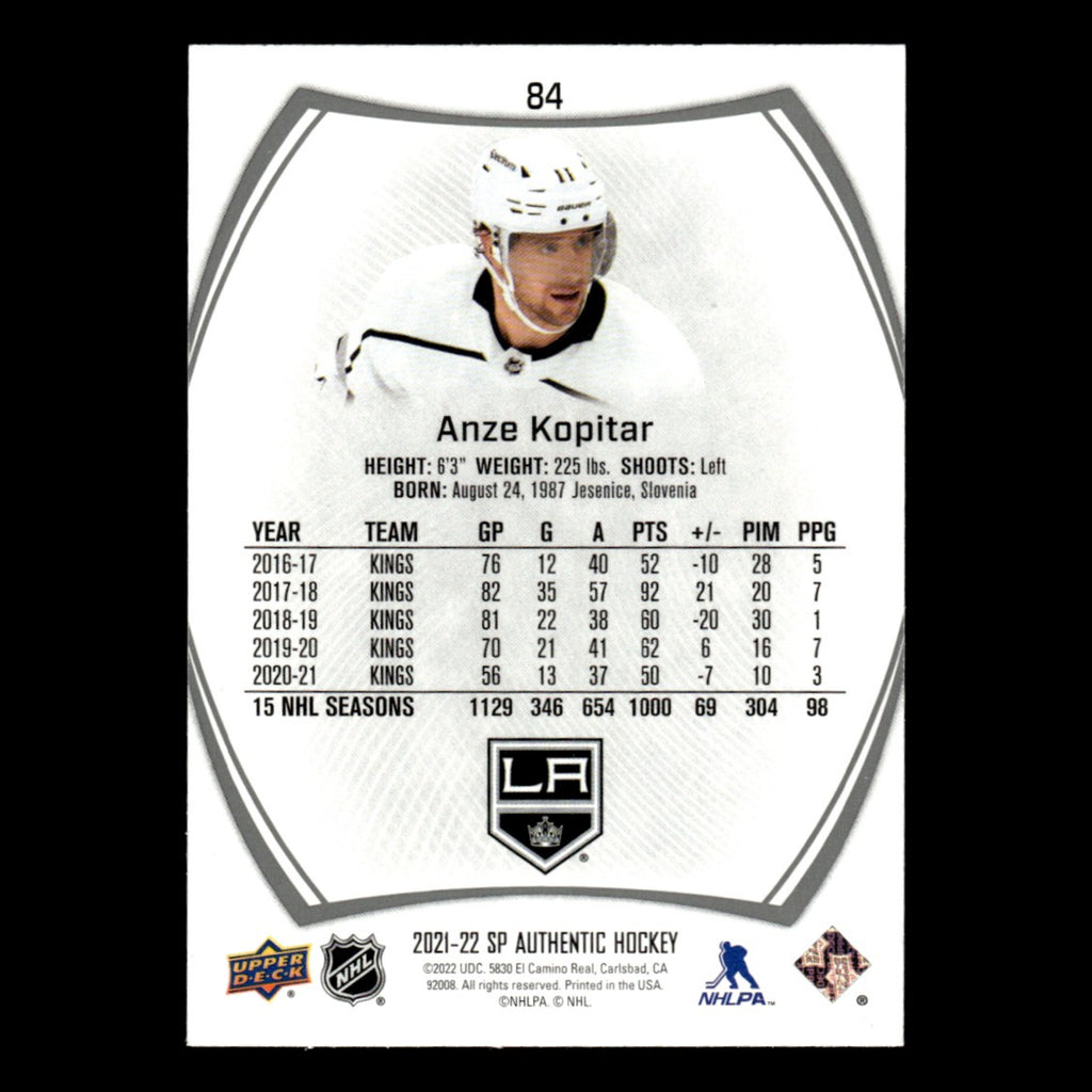 Anze Kopitar #84.0 2021 Upper Deck SP Authentic Los Angeles Kings Hockey Card NM