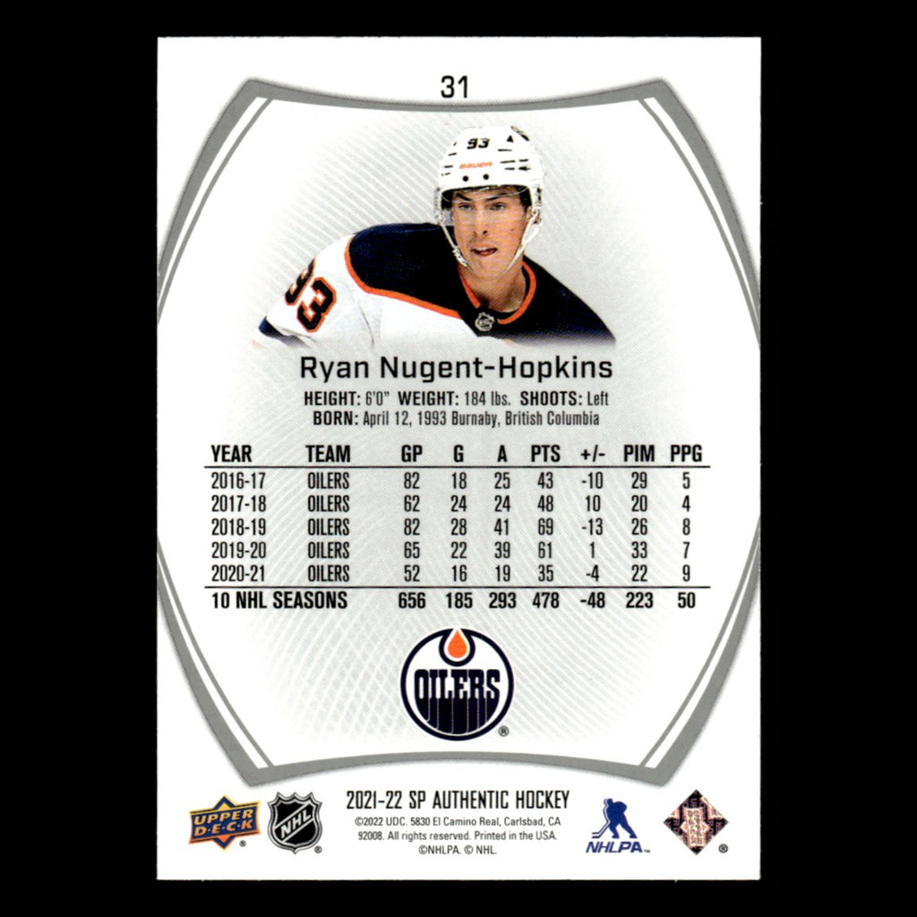 Ryan Nugent-Hopkins #31.0 2021 Upper Deck SP Authentic Edmonton Oilers Hockey NM