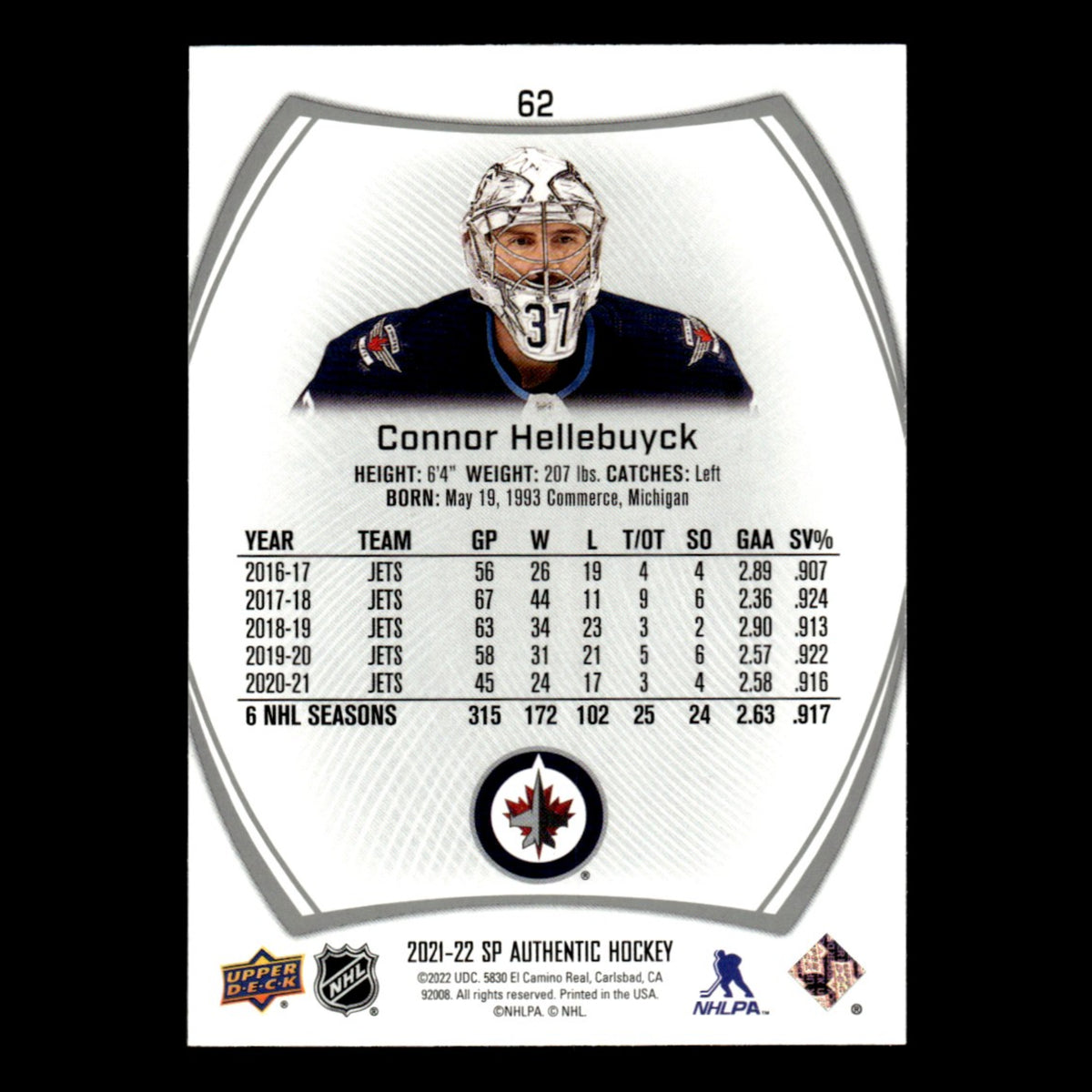 Connor Hellebuyck #62.0 2021 Upper Deck SP Authentic Winnipeg Jets Hockey Card