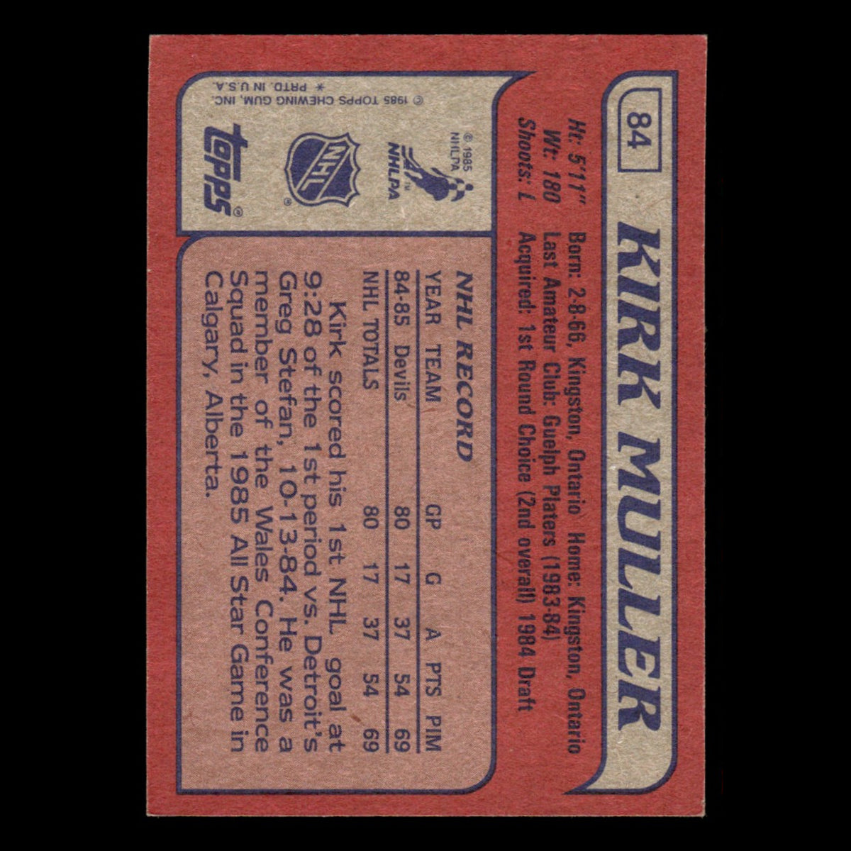 Kirk Muller Rookie #84 1985 Topps New Jersey Devils Hockey Card NHL NM