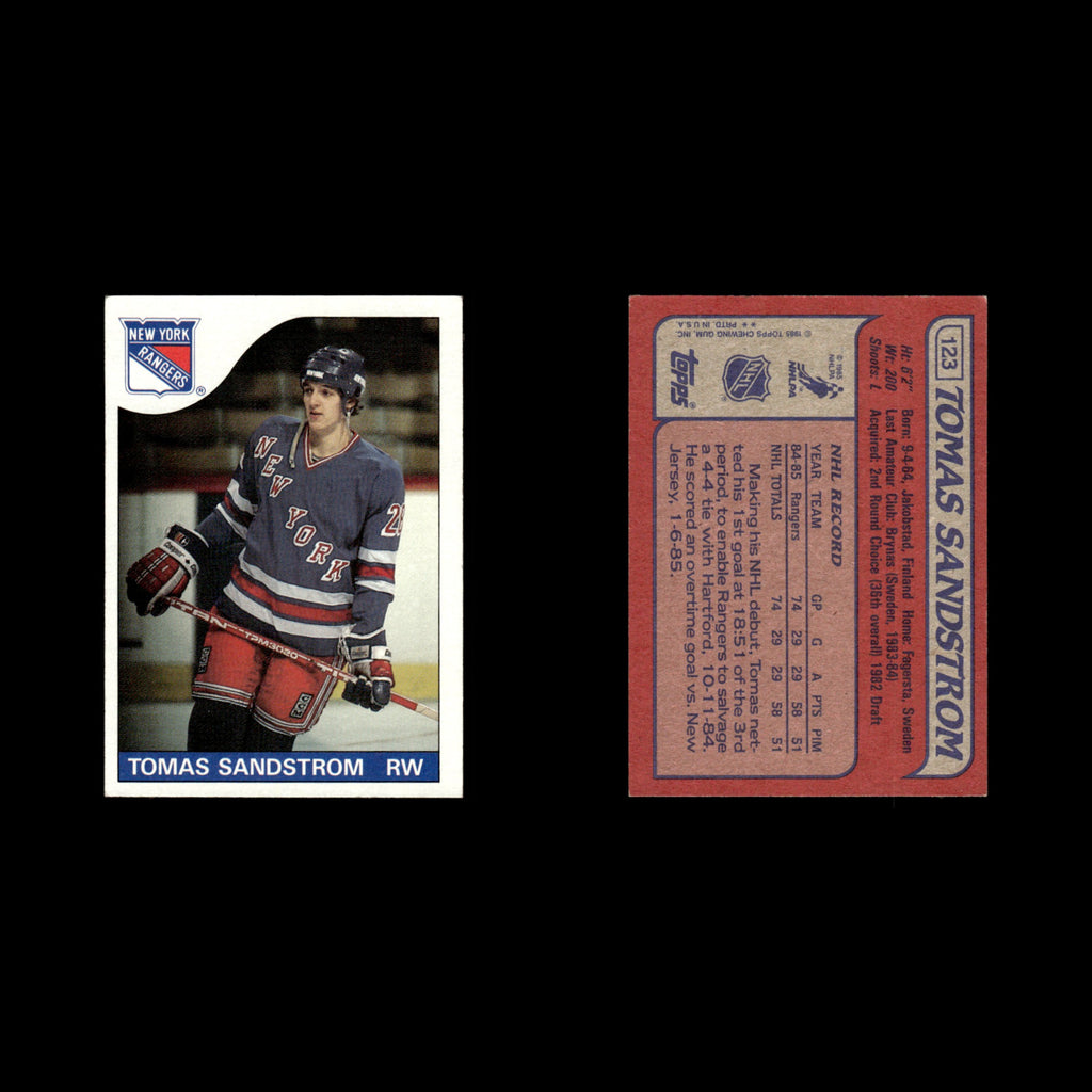 Tomas Sandstrom Rookie #123 1985 Topps New York Rangers Hockey Card NHL NM