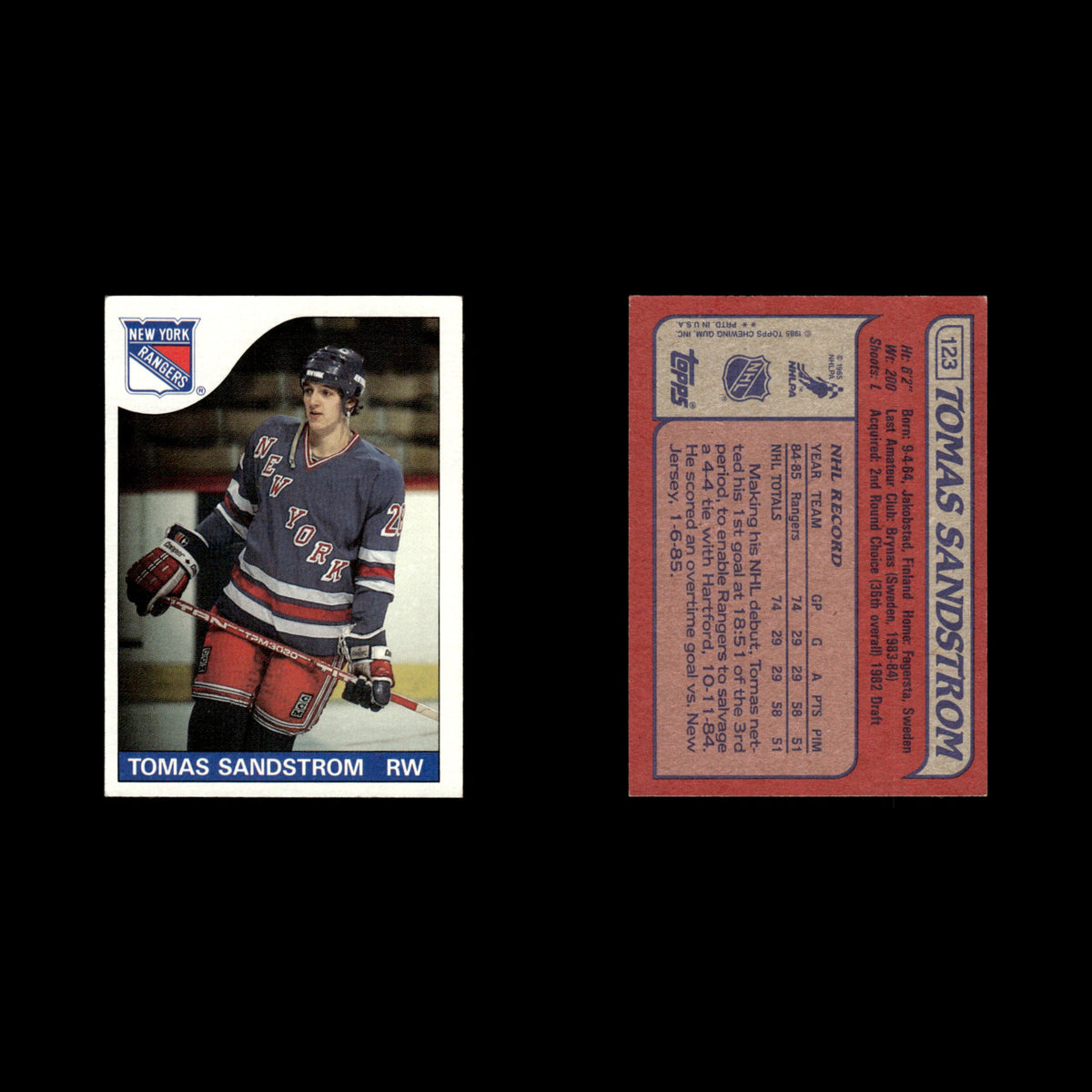 Tomas Sandstrom Rookie #123 1985 Topps New York Rangers Hockey Card NHL NM