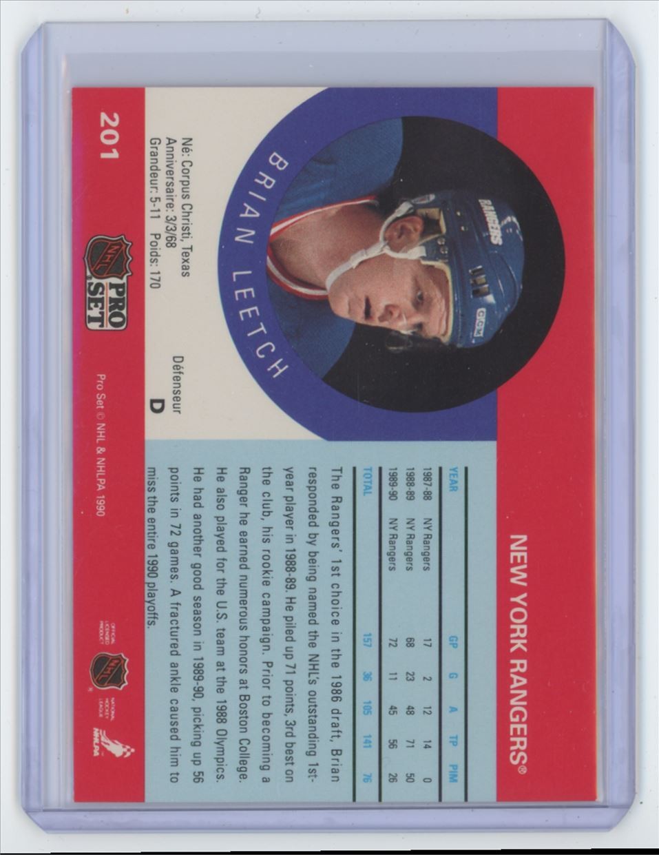 1990-91 Pro Set Brian Leetch New York Rangers #201