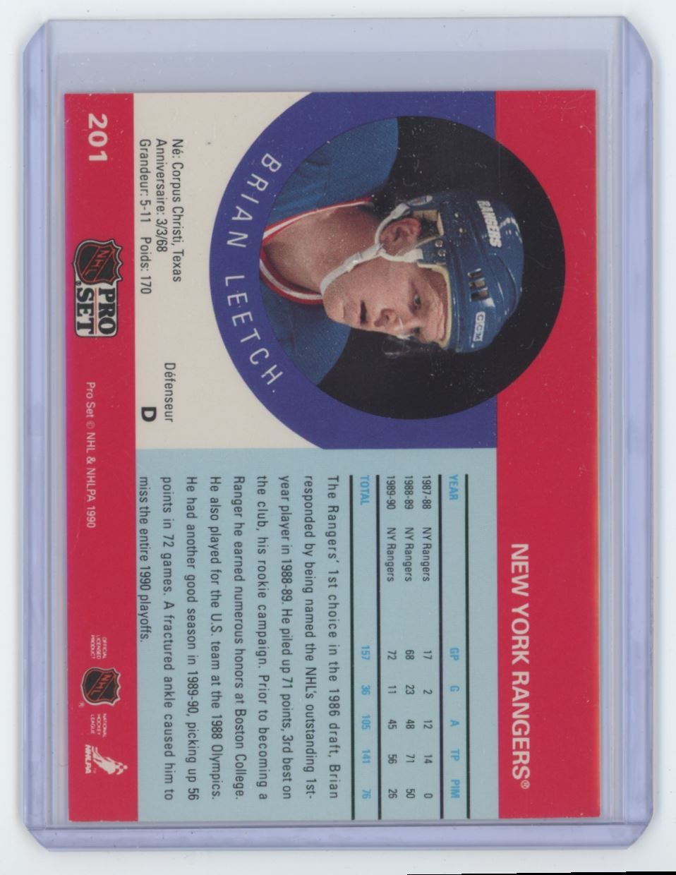 1990-91 NHL Pro Set Brian Leetch . New York Rangers #201