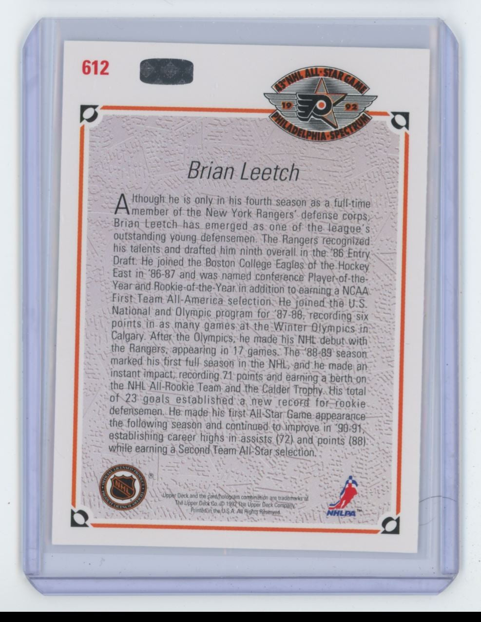 1991-92 Upper Deck Brian Leetch New York Rangers #612