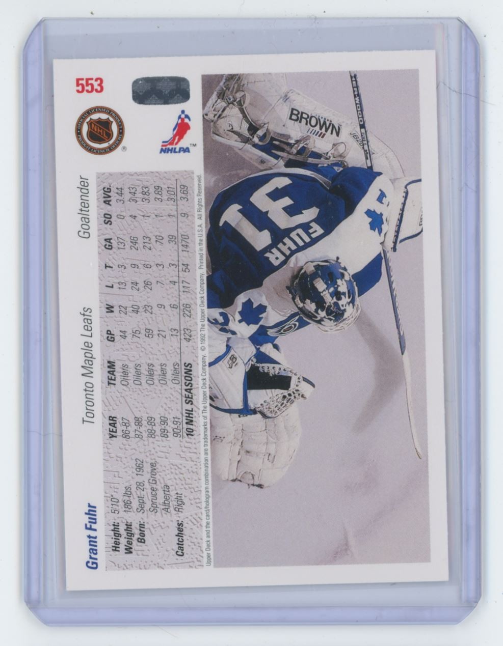 1991-92 Upper Deck Grant Fuhr Toronto Maple Leafs #553