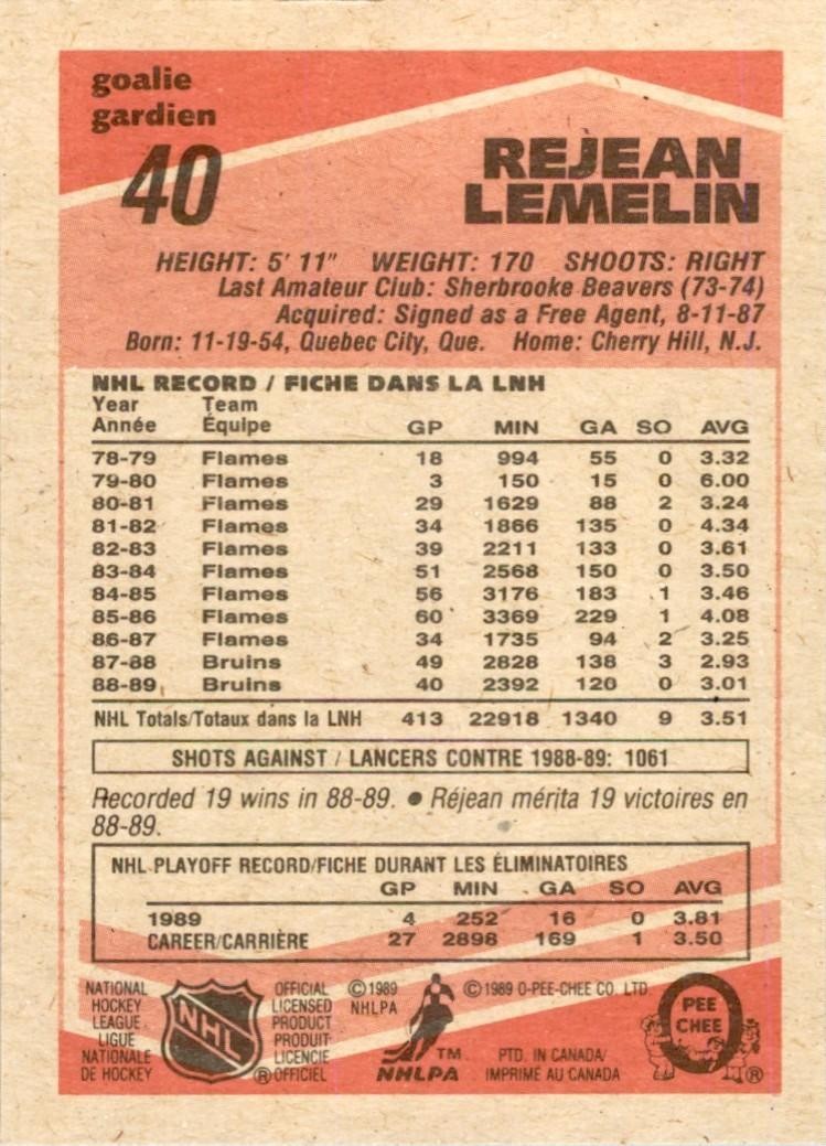 1989-90 O-PEE-CHEE REJEAN LEMELIN BOSTON BRUINS #40