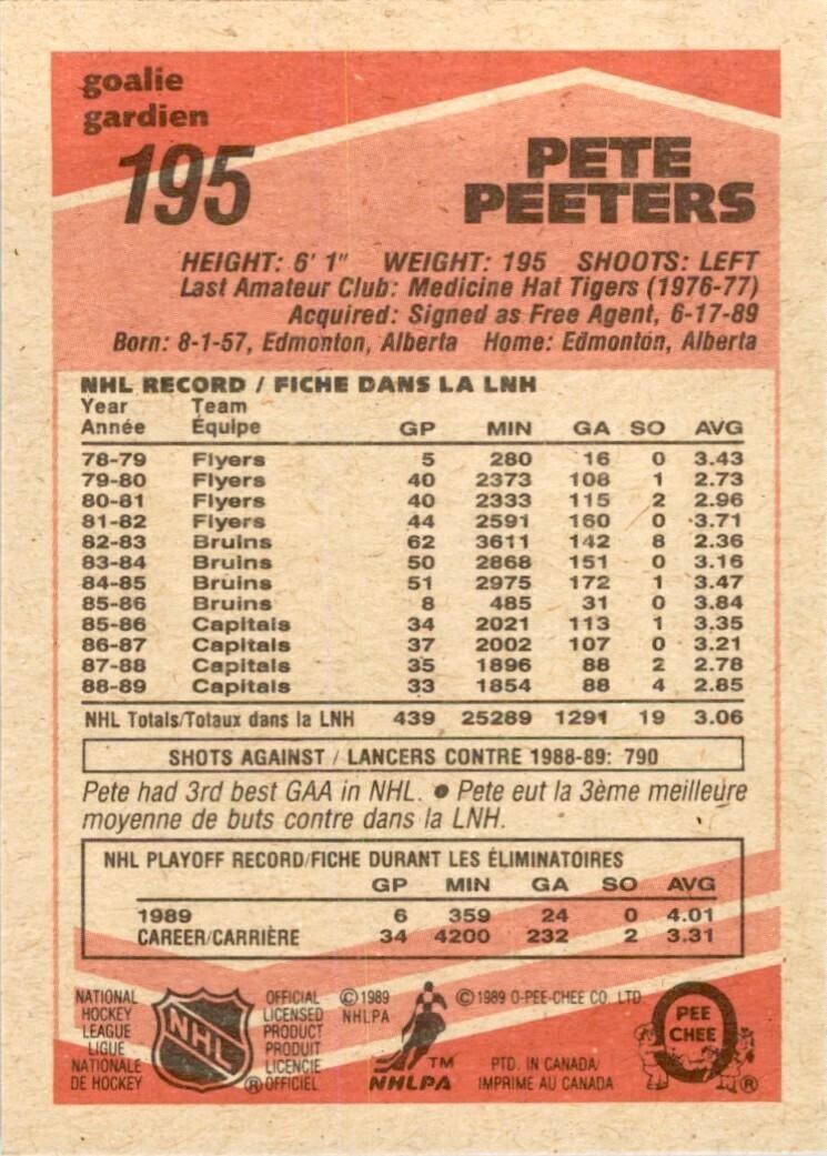 1989-90 O-PEE-CHEE PETE PEETERS PHILADELPHIA FLYERS #195