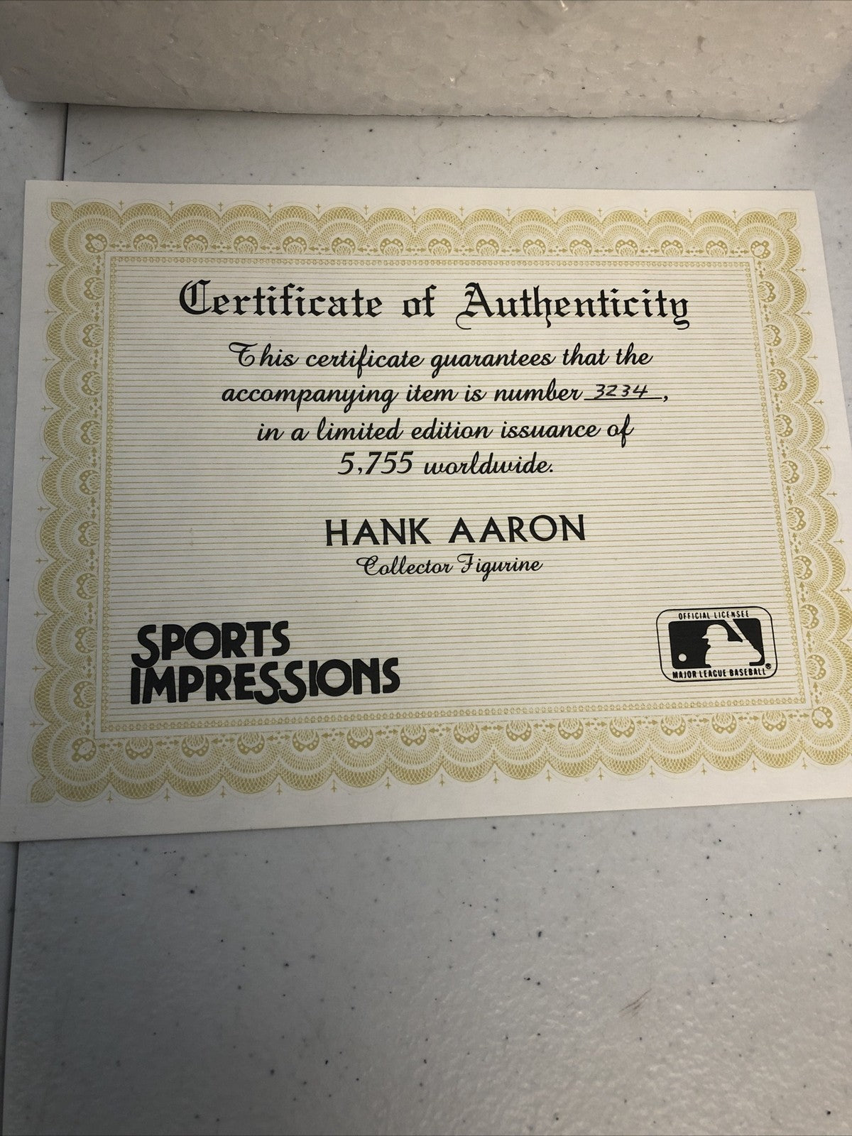 1989 SPORTS IMPRESSIONS HANK AARON 500 HOME RUN CLUB FIGURINE W/COA