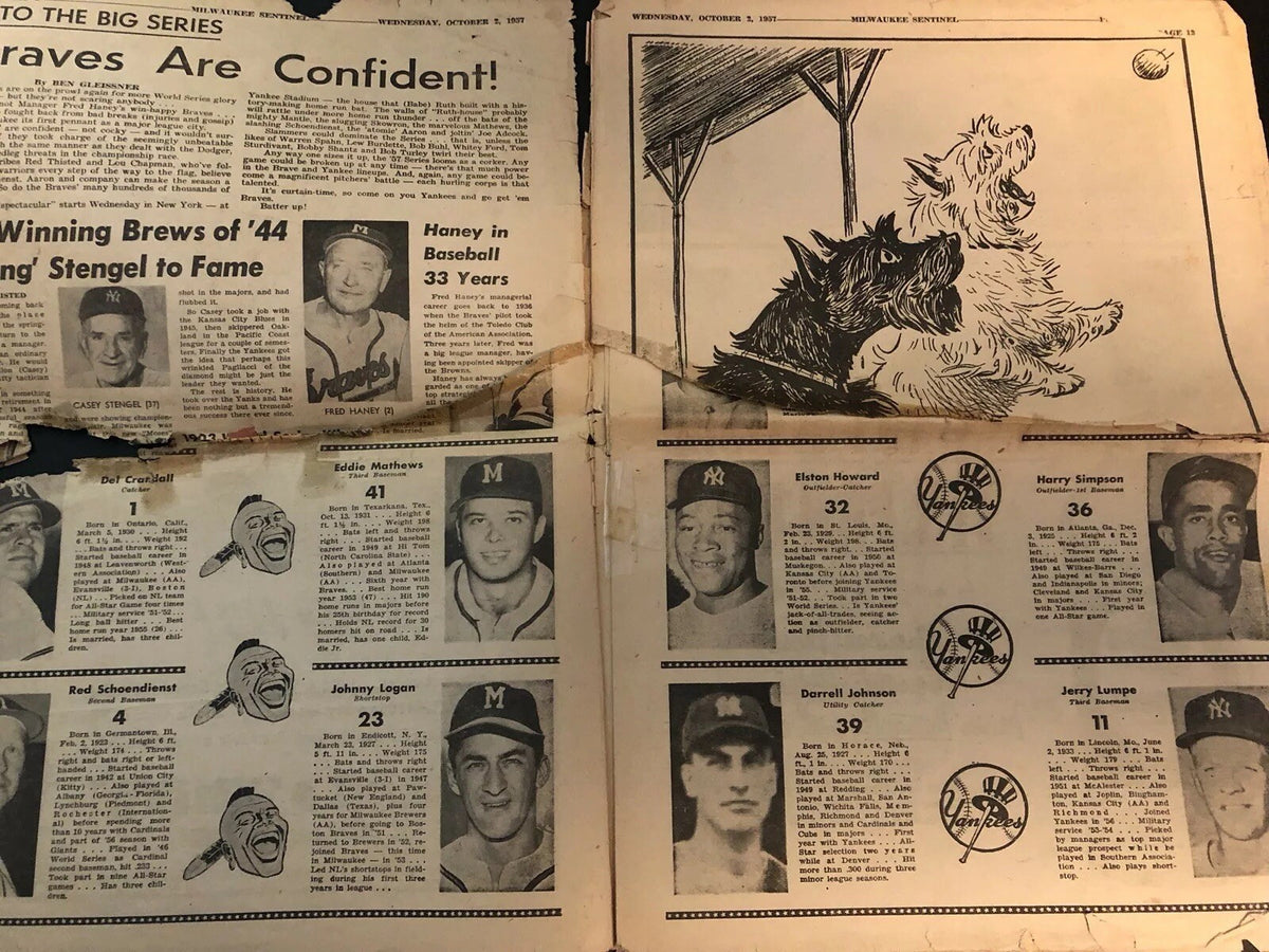 OCT 2,1957 THE SENTINEL NEWSPAPER :: RARE MICKEY MANTLE/YOGI BERRA