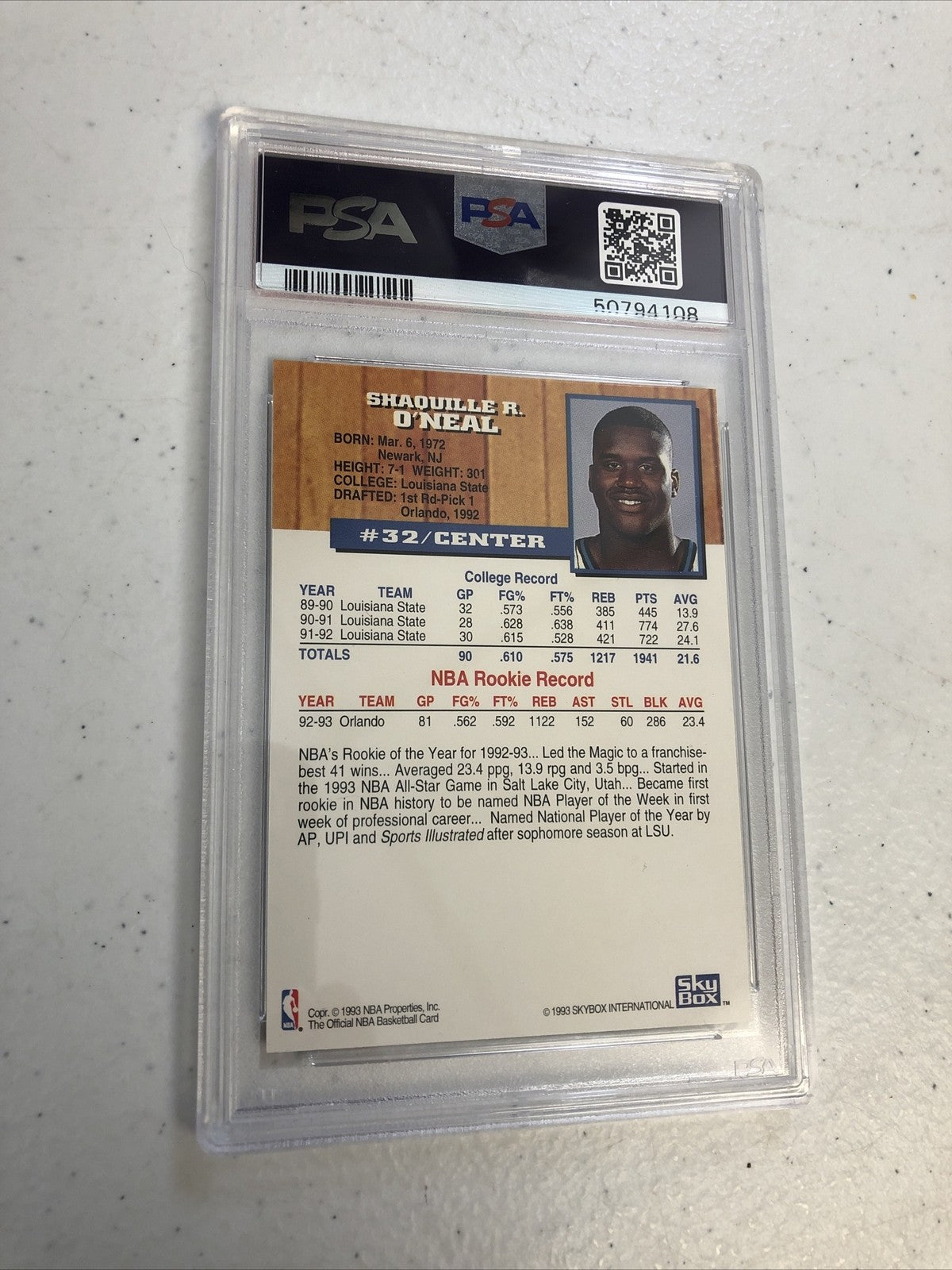 1993 Hoops #155 Shaquille O’Neal - Magic. PSA Graded NM-MT 8 -2nd Year Card