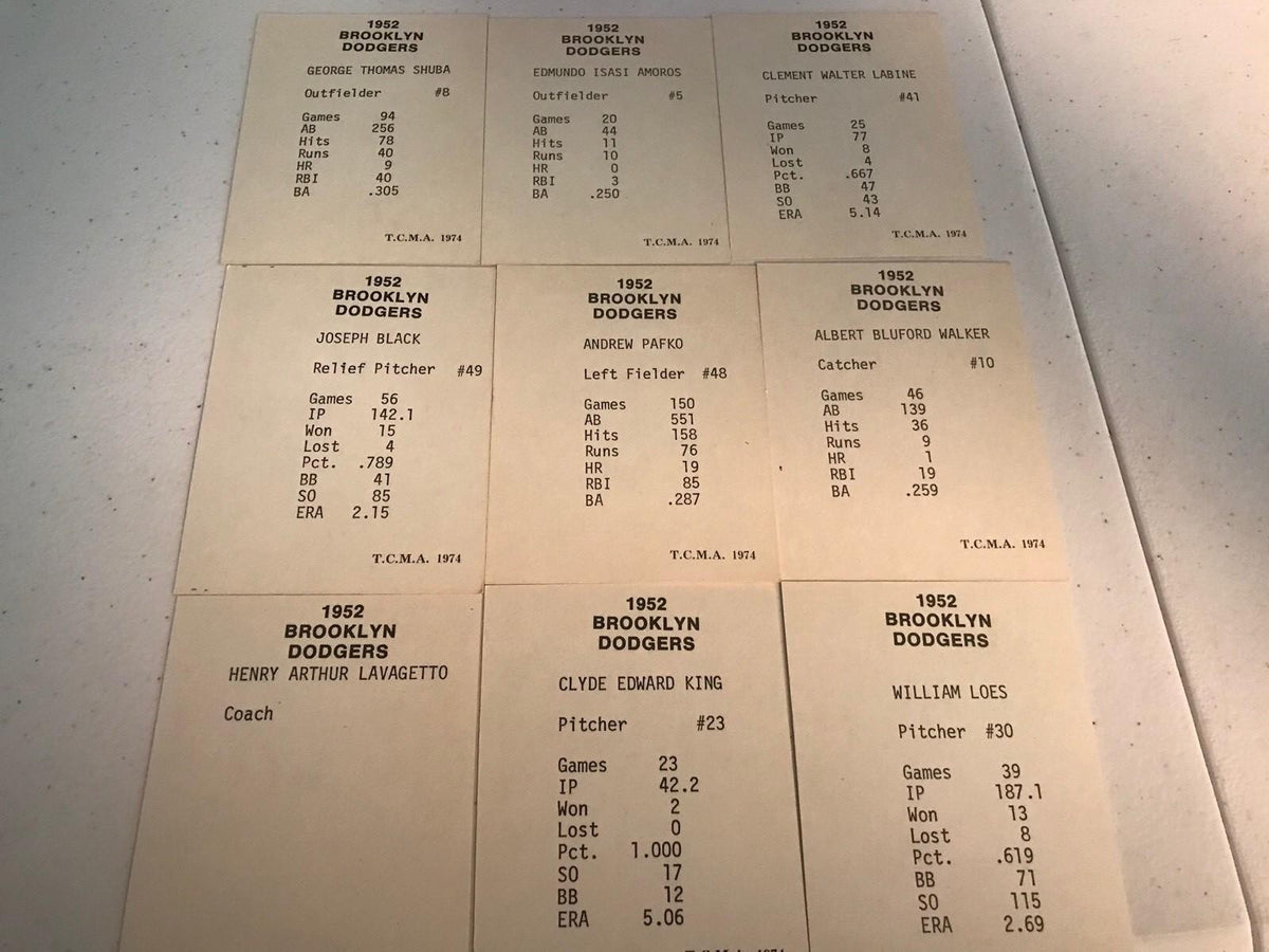 1974 TCMA BROOKLYN  DODGERS CARDS Lot of 9