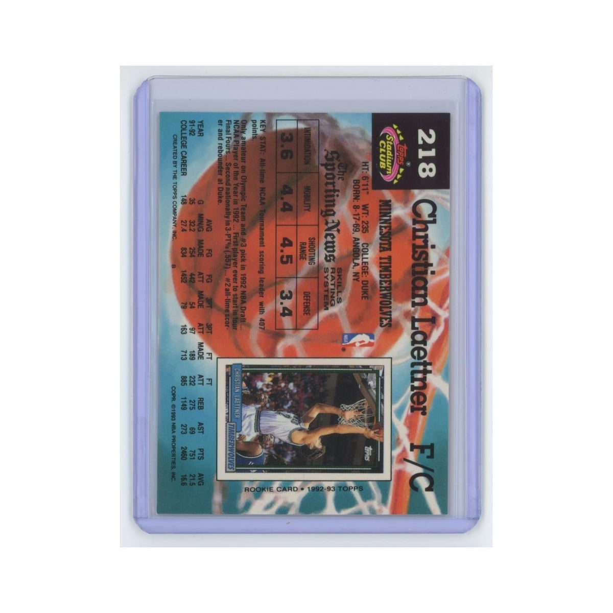 Christian Laettner Rookie 1992 Stadium Club #218 Minnesota Timberwolves NM