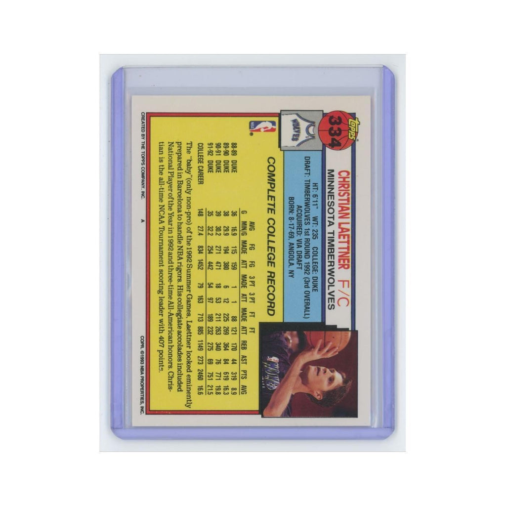 Christian Laettner Rookie 1992 Topps #334 Minnesota Timberwolves NM