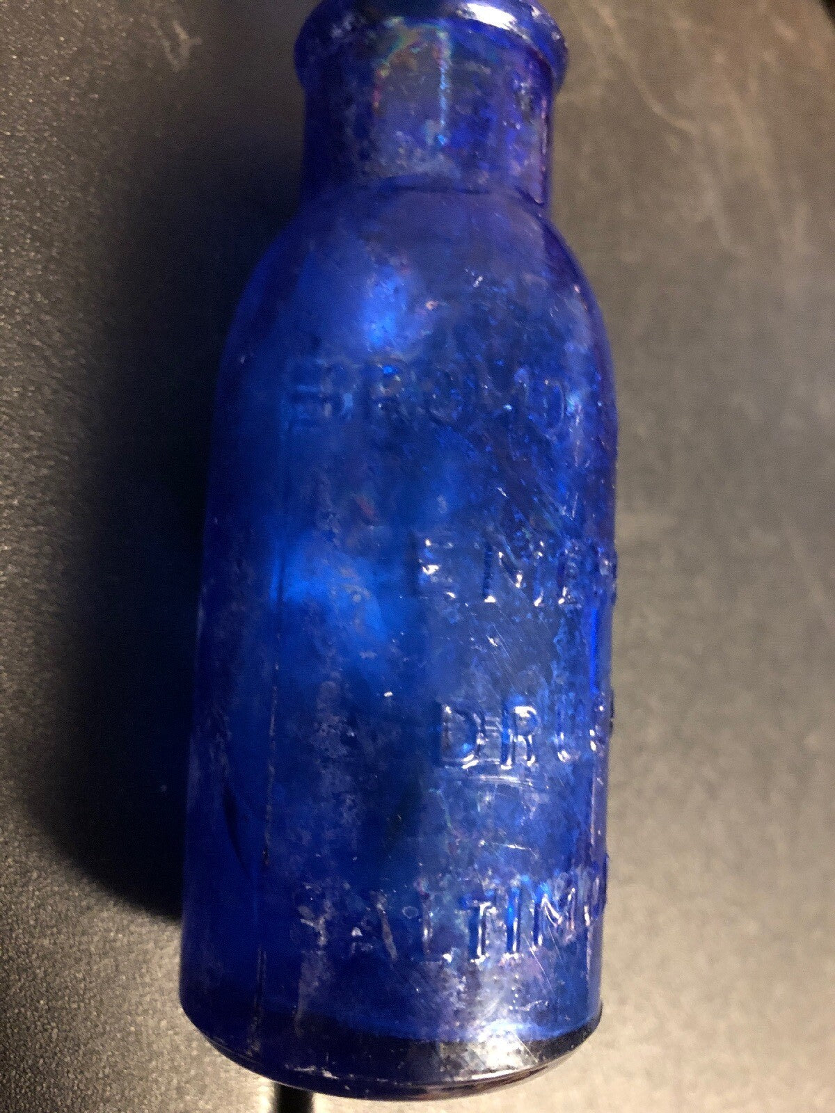 ANTIQUE BOTTLES  1- COBALT BROMO SELTZER BOTTLE & 3 BROWN ALCHEMY