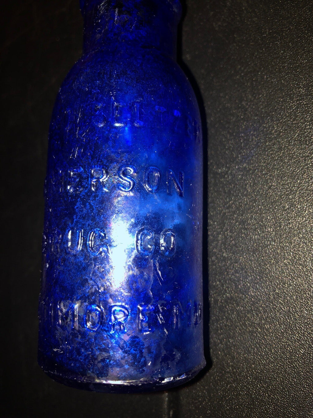 ANTIQUE BOTTLES  1- COBALT BROMO SELTZER BOTTLE & 3 BROWN ALCHEMY