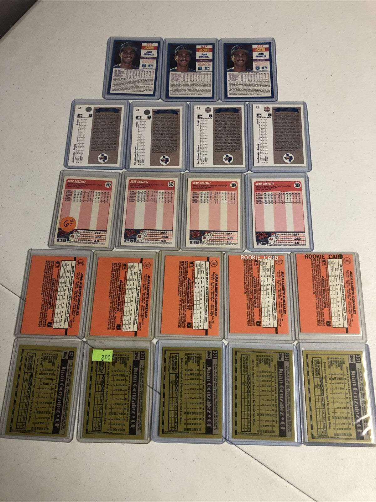 Juan Gonzalez Rookie Card lot Texas Rangers 21 ct