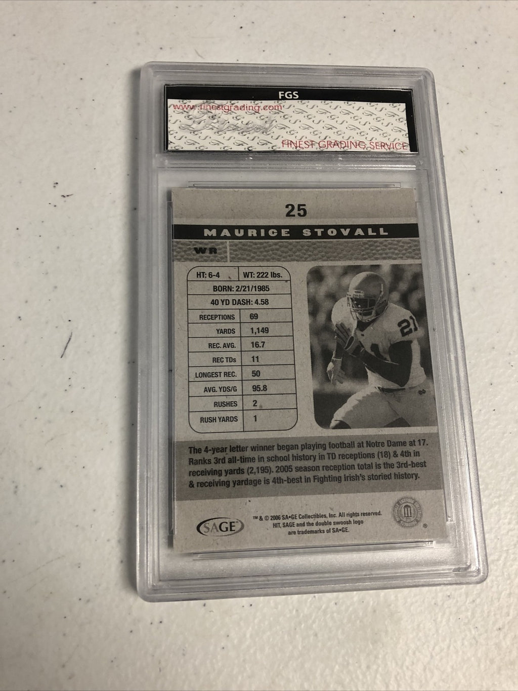 2006 Sage Hit Maurice Stovall FGS Graded Gem Mint 10 RC Notre Dame/Bucs