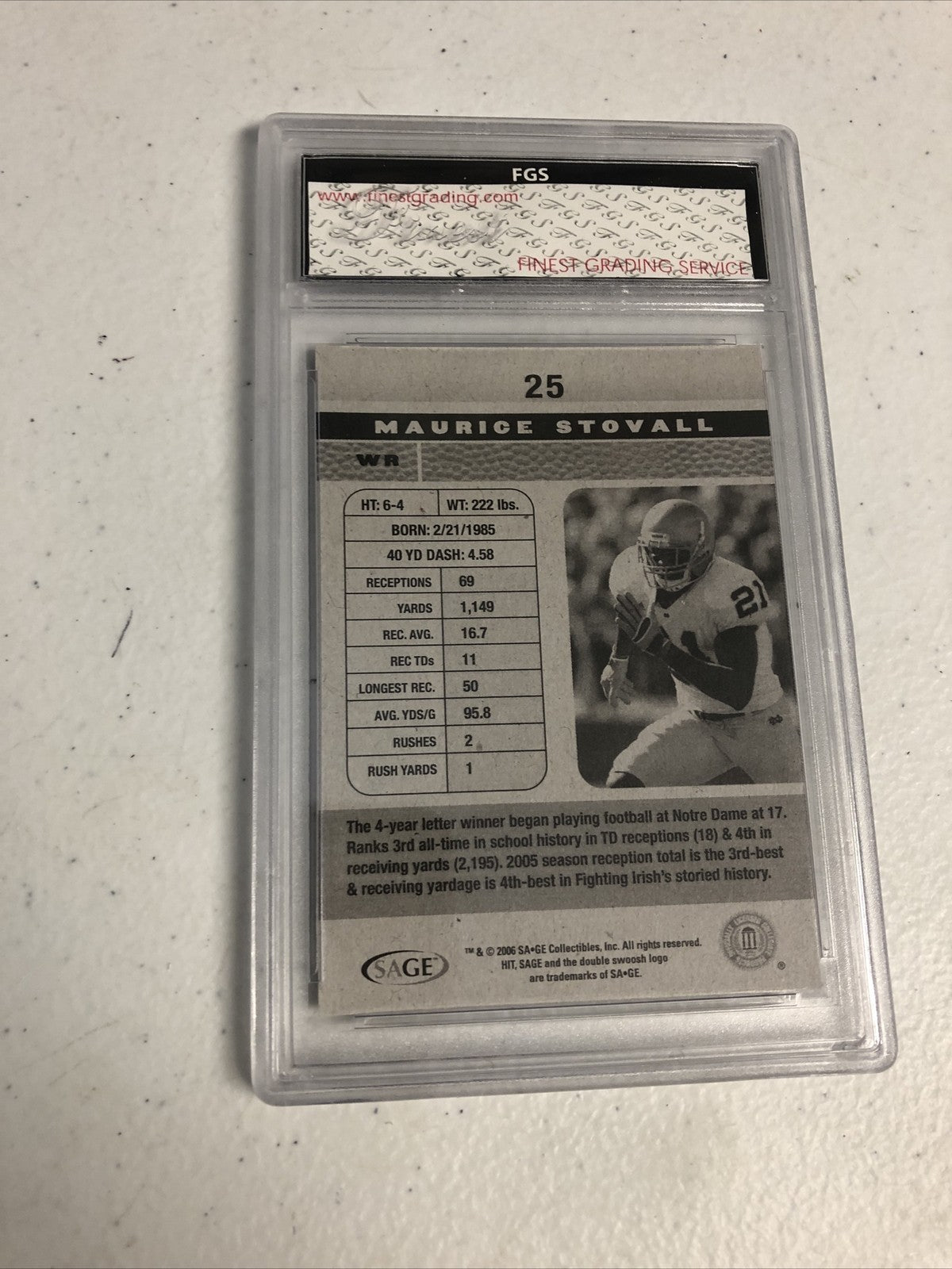 2006 Sage Hit Maurice Stovall FGS Graded Gem Mint 10 RC Notre Dame/Bucs