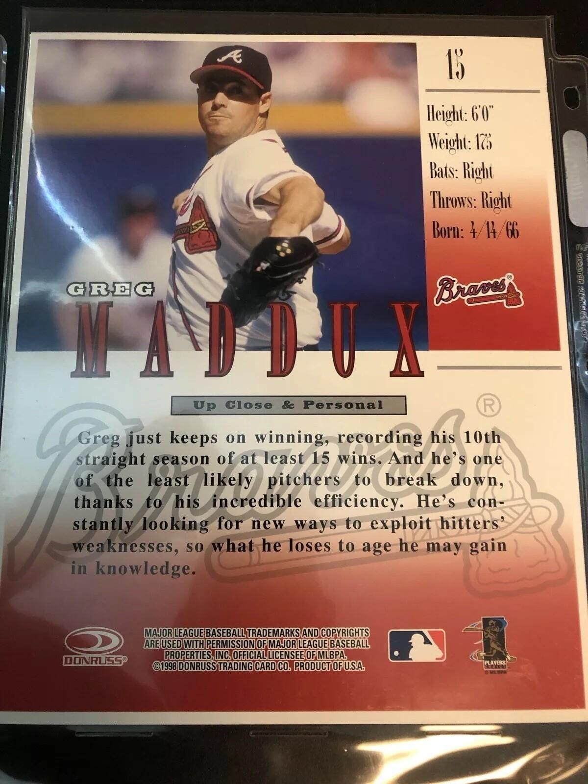 1997 DONRUSS STUDIO #6 & 1-1998 #15 GREG MADDUX PORTRAITS 8”X10”