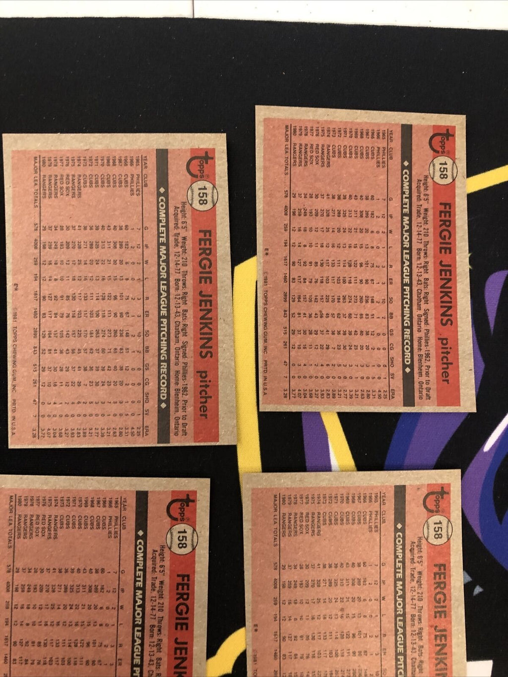 1981 Topps Baseball Fergie Jenkins #158- 5Ct Card Lot! Sharp!