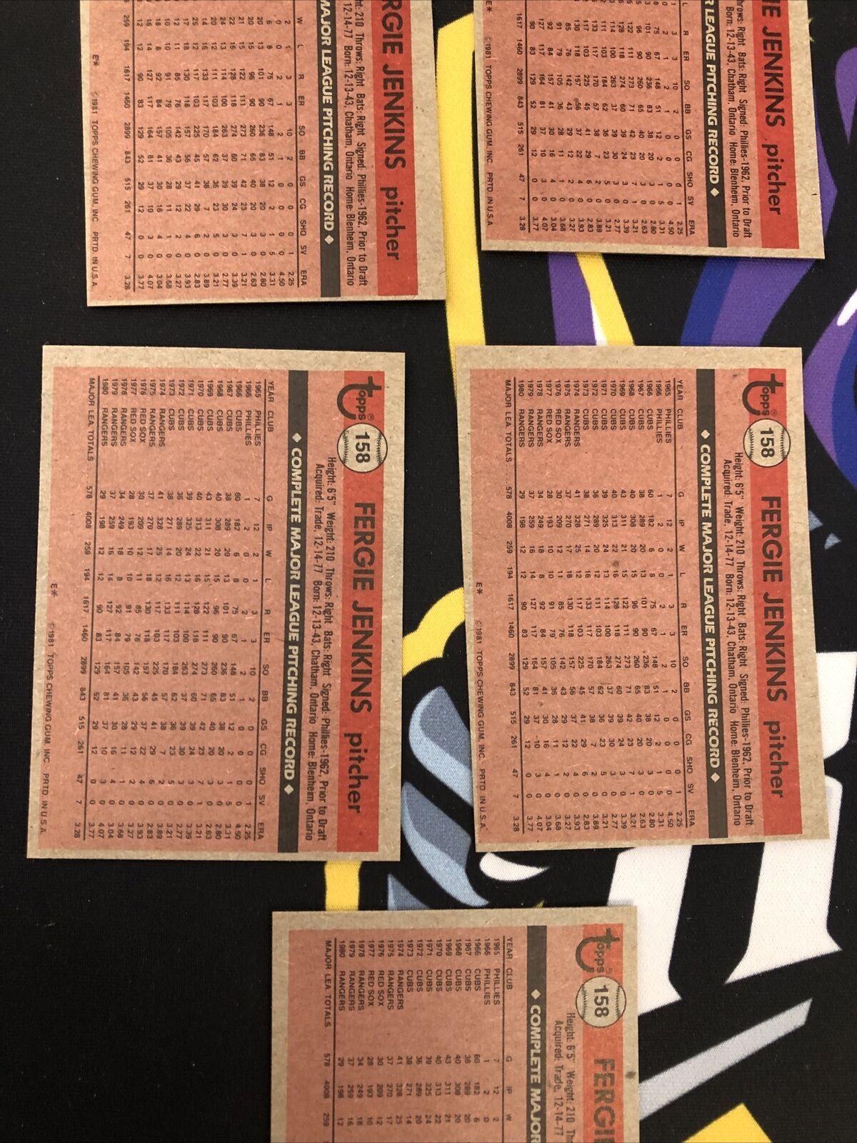 1981 Topps Baseball Fergie Jenkins #158- 5Ct Card Lot! Sharp!