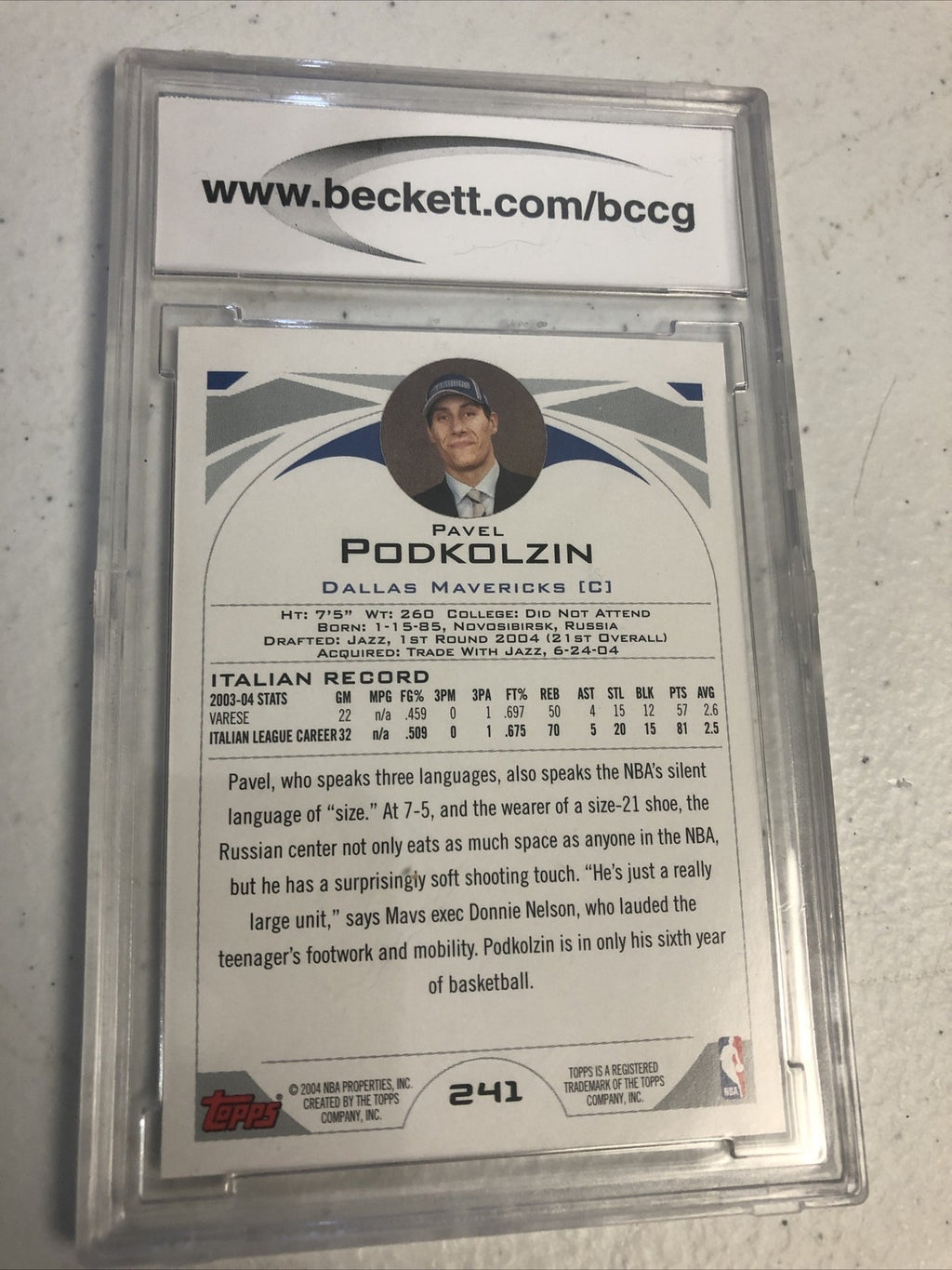 2004-05 Topps #241 Pavel Podkolzin RC Dallas Mavericks BCCG Graded 10 Mint