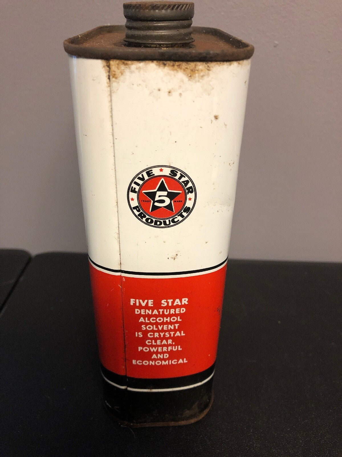 ANTIQUE FIVE STAR PRODUCTS DENATURED ALCOHOL SOLVENT EMPTY CAN