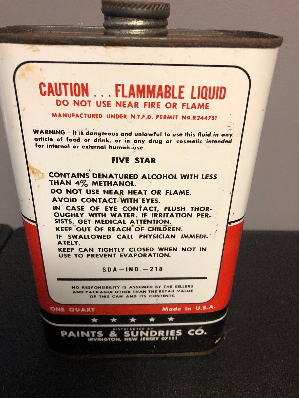 ANTIQUE FIVE STAR PRODUCTS DENATURED ALCOHOL SOLVENT EMPTY CAN