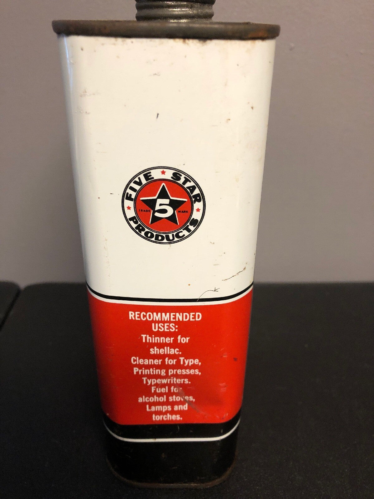 ANTIQUE FIVE STAR PRODUCTS DENATURED ALCOHOL SOLVENT EMPTY CAN