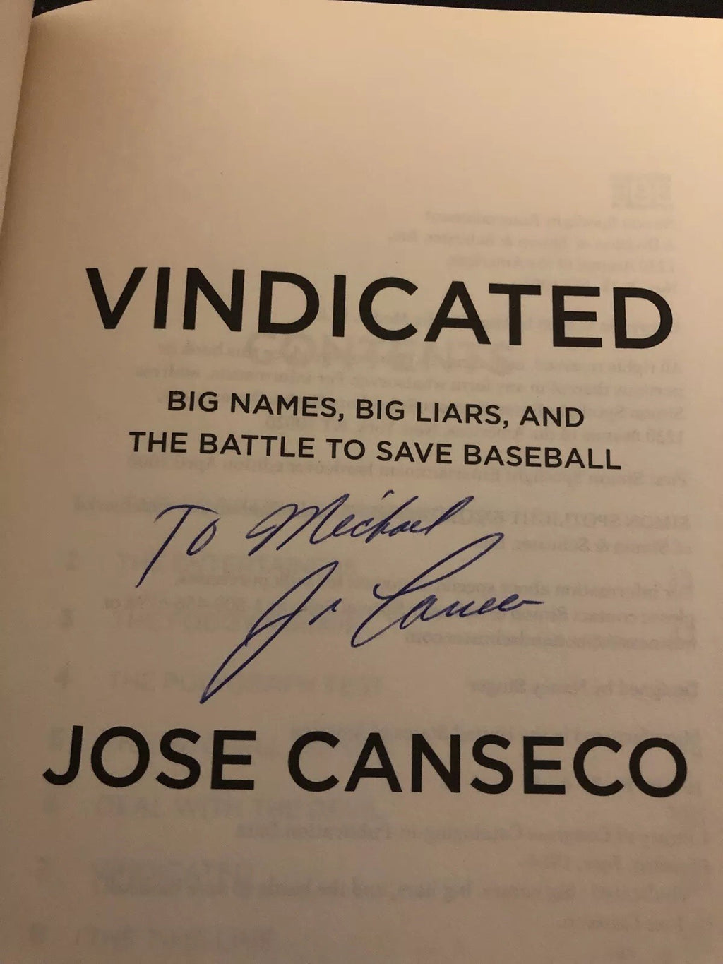 SIGNED 2008 JOSE CANSECO VINDICATED HARDCOVER BOOK