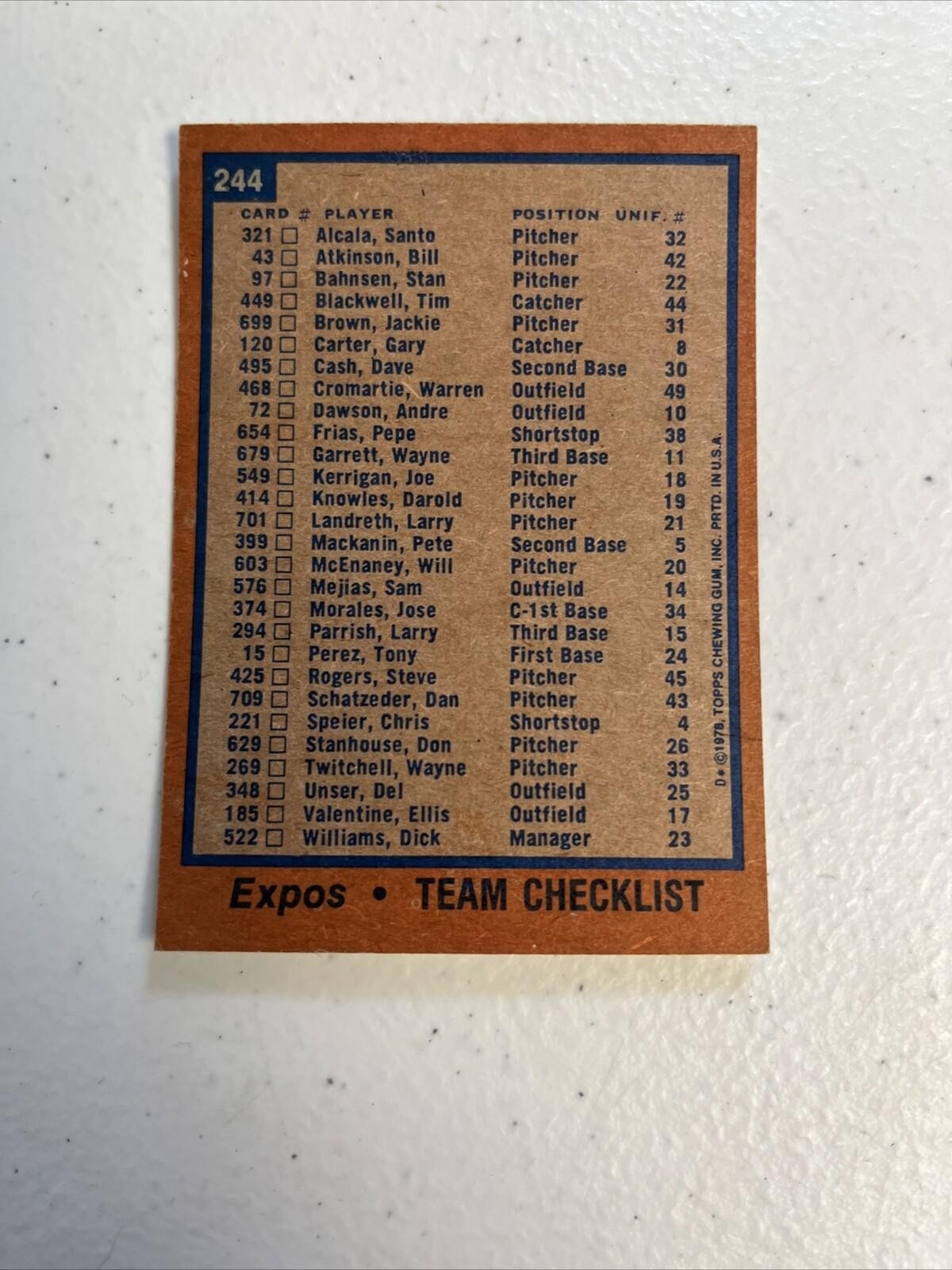 1978 TOPPS TEAM CHECKLIST MONTREAL EXPOS #244