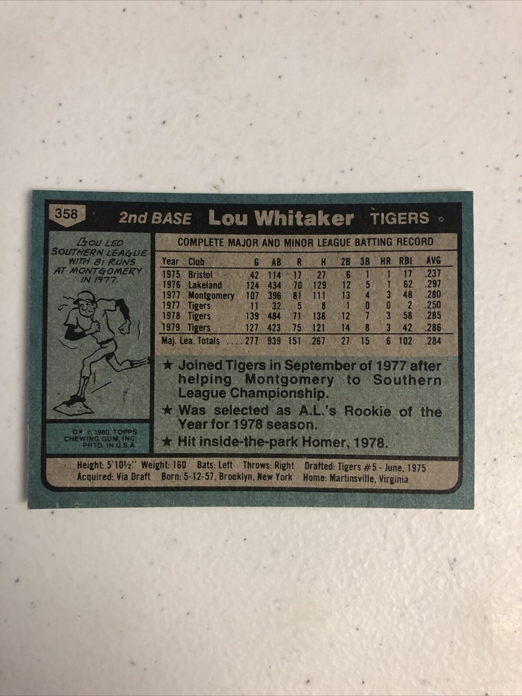 1980 Topps Lou Whitaker N Detroit Tigers #358