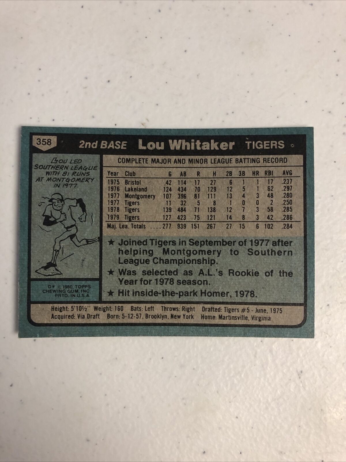 1980 Topps Lou Whitaker N Detroit Tigers #358
