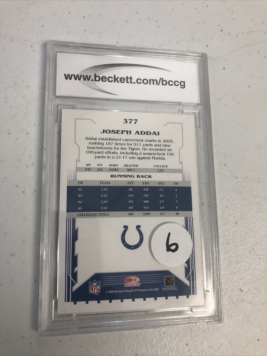 2006 Score Glossy Joseph Addai #377 Colts ROOKIE BCCG Graded 10 Mint Or Better