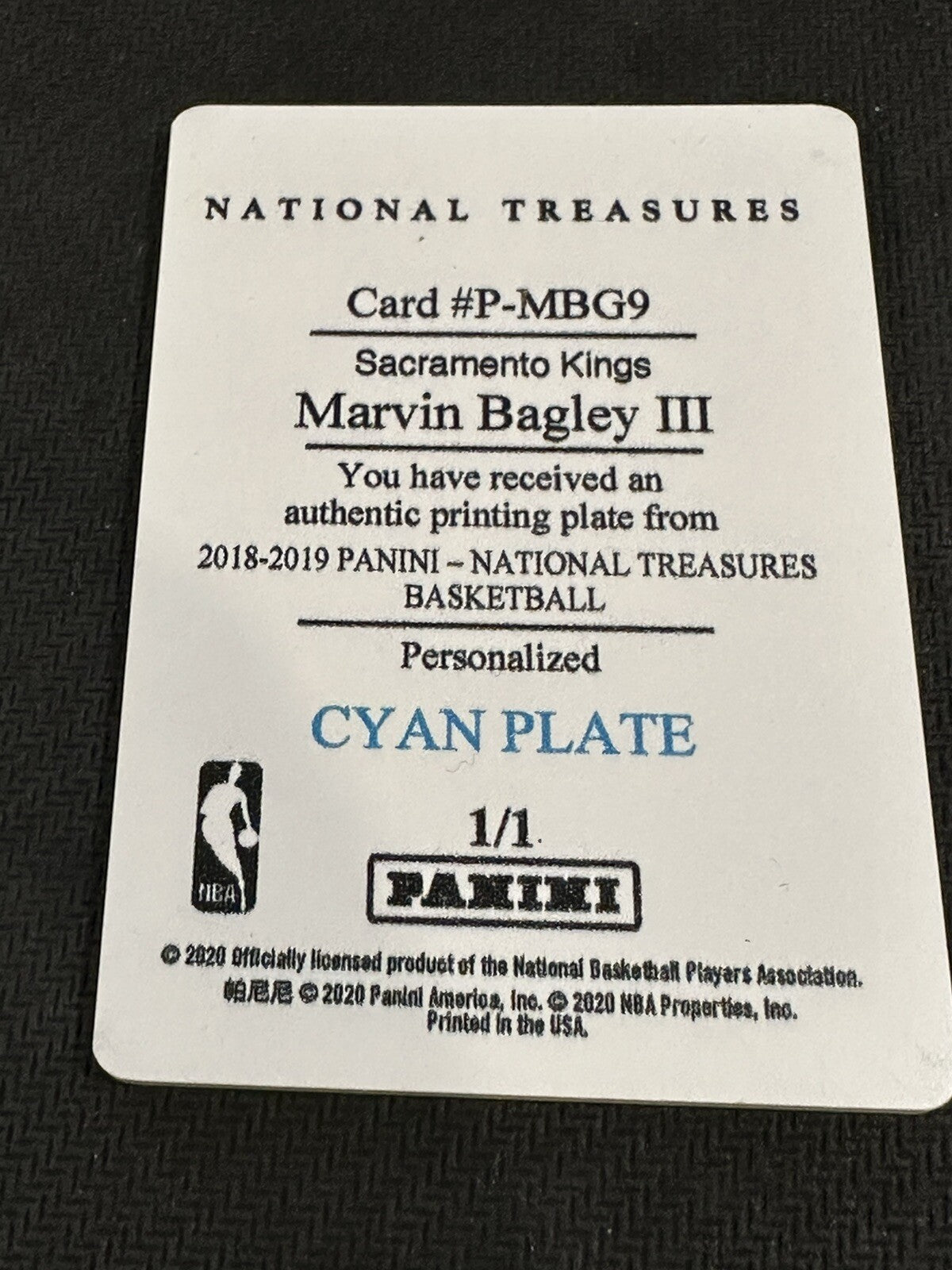 Marvin Bagley III 18-19 Panini National Treasures Cyan Printing Plate 1/1 Kings