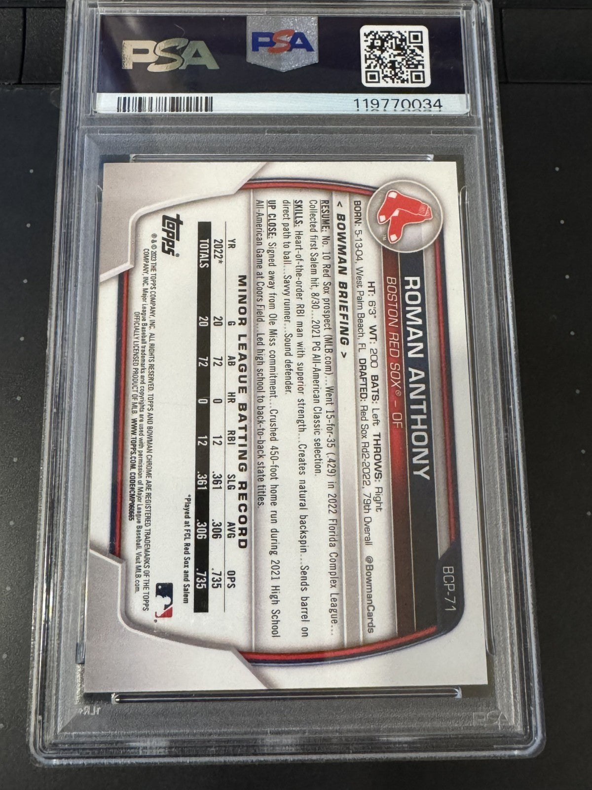 2023 Bowman Chrome Prospects Roman Anthony Purple RayWave ref /250 BCP-71 PSA 10